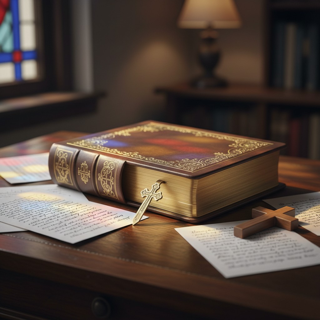 A Bible lies on a wooden desk in a dimly lit room, accompanied by a wooden cross with a metal clasp and other papers.